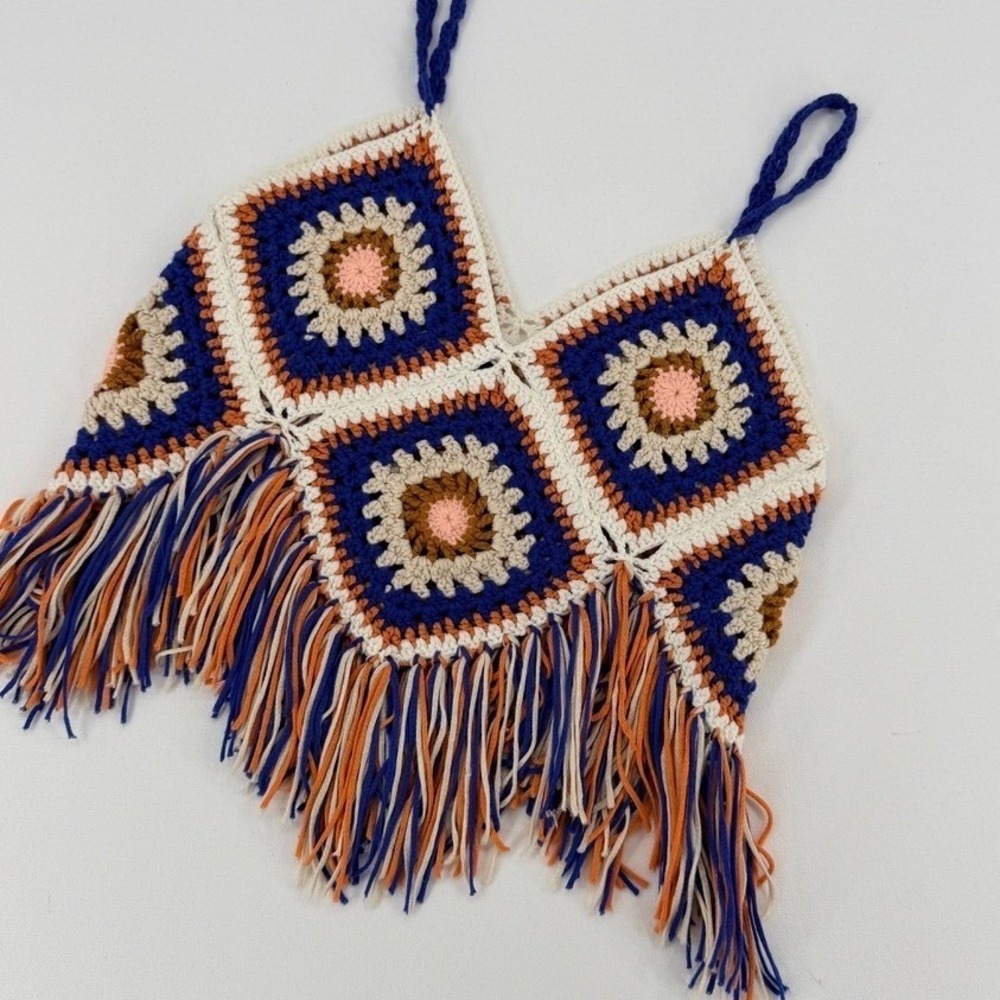 En Creme Crochet Fringe Tank Top Boho Festival Granny Square S/M - Picture 10 of 13